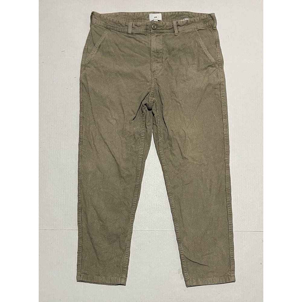 H&M Regular Fit Corduroy Pants Mens 34x26 Olive Khaki Flat Front Stretch Cotton